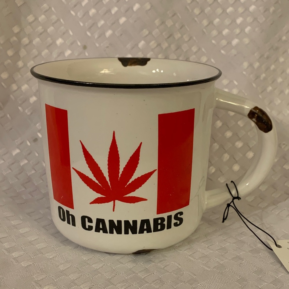 Oh Cannabis white mug, with a mix of Canada flag and cannabis leaf on each side.